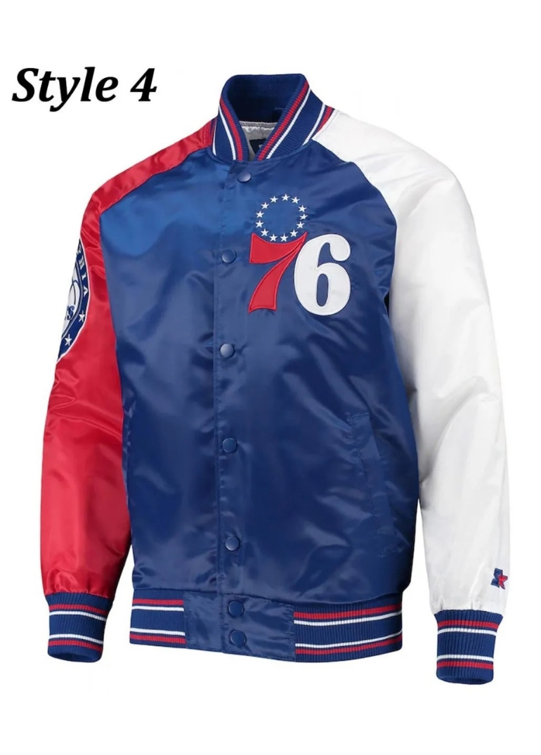 Philadelphia 76ers Red and Royal Varsity Satin Jacket 7 76ers Varsity Satin Jacket in Red and Royal