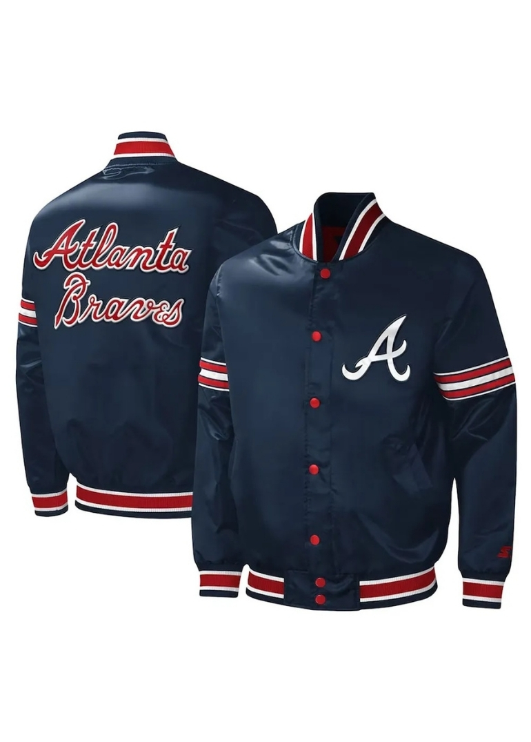 Atlanta Braves Midfield Navy Satin Jacket 3 Atlanta Braves Midfield Navy Satin Varsity Jacket