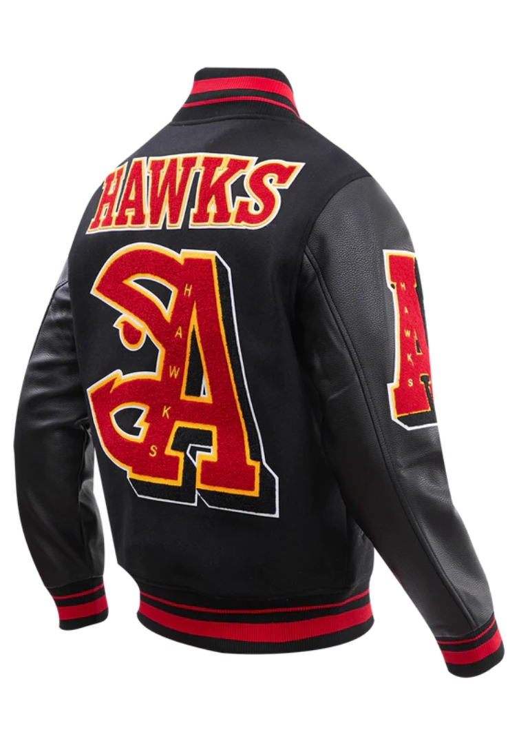 Atlanta Hawks Mash Up Logo Black Varsity Jacket 3 Atlanta Hawks Mash Up Logo Black Satin Jacket