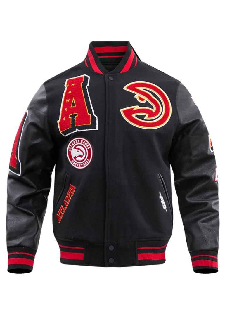Atlanta Hawks Mash Up Logo Black Varsity Jacket 1 Atlanta Hawks Mash Up Logo Black Varsity Jacket