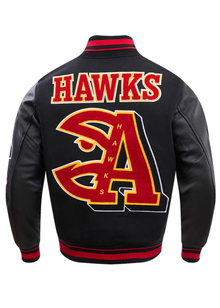 Atlanta Hawks Mash Up Logo Black Varsity Jacket 2 Atlanta Hawks Mash Up Logo Black Varsity Satin Jacket