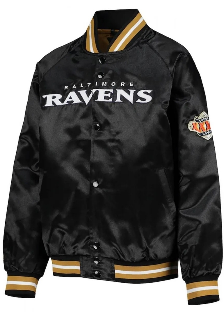 Baltimore Ravens Full-Snap Black Jacket 1 Baltimore Ravens Raglan Full-Snap Black Satin Bomber Jacket