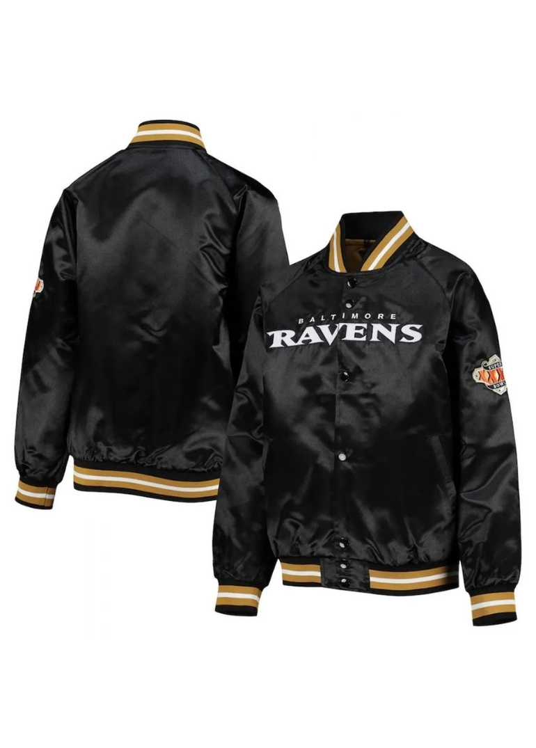 Baltimore Ravens Full-Snap Black Jacket 3 Baltimore Ravens Raglan Full-Snap Black Satin Varsity Jacket