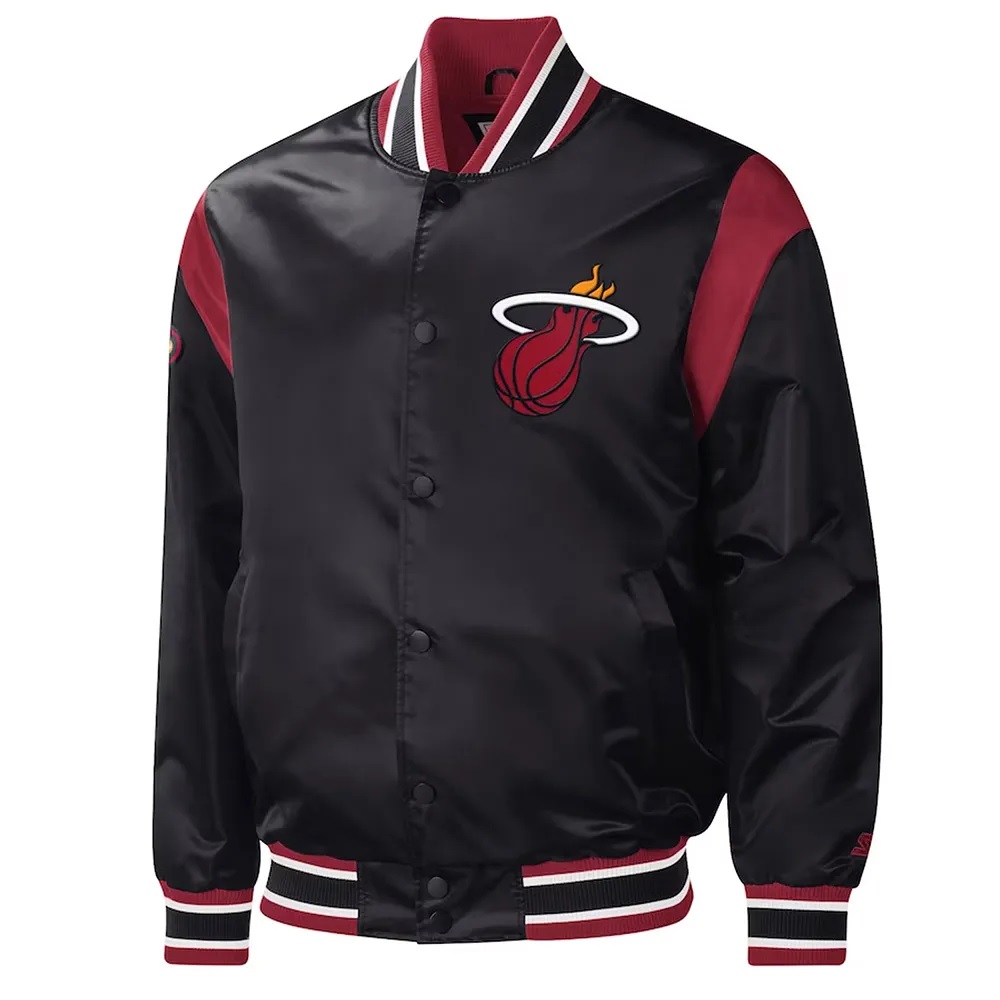 Black Miami Heat Force Play Varsity Satin Jacket 1 Black Miami Heat Force Play Varsity Satin Jacket