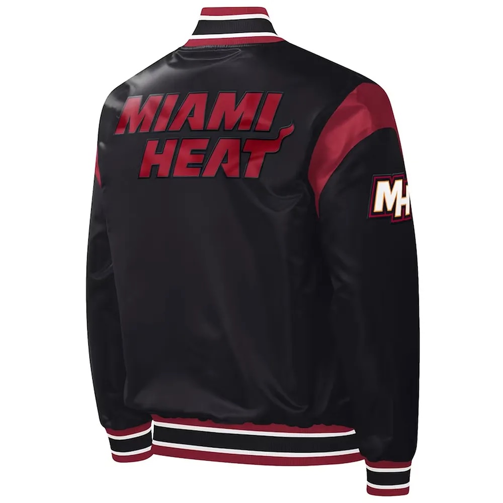 Black Miami Heat Force Play Varsity Satin Jacket 2 Black Miami Heat Force Play Varsity Satin Jacket