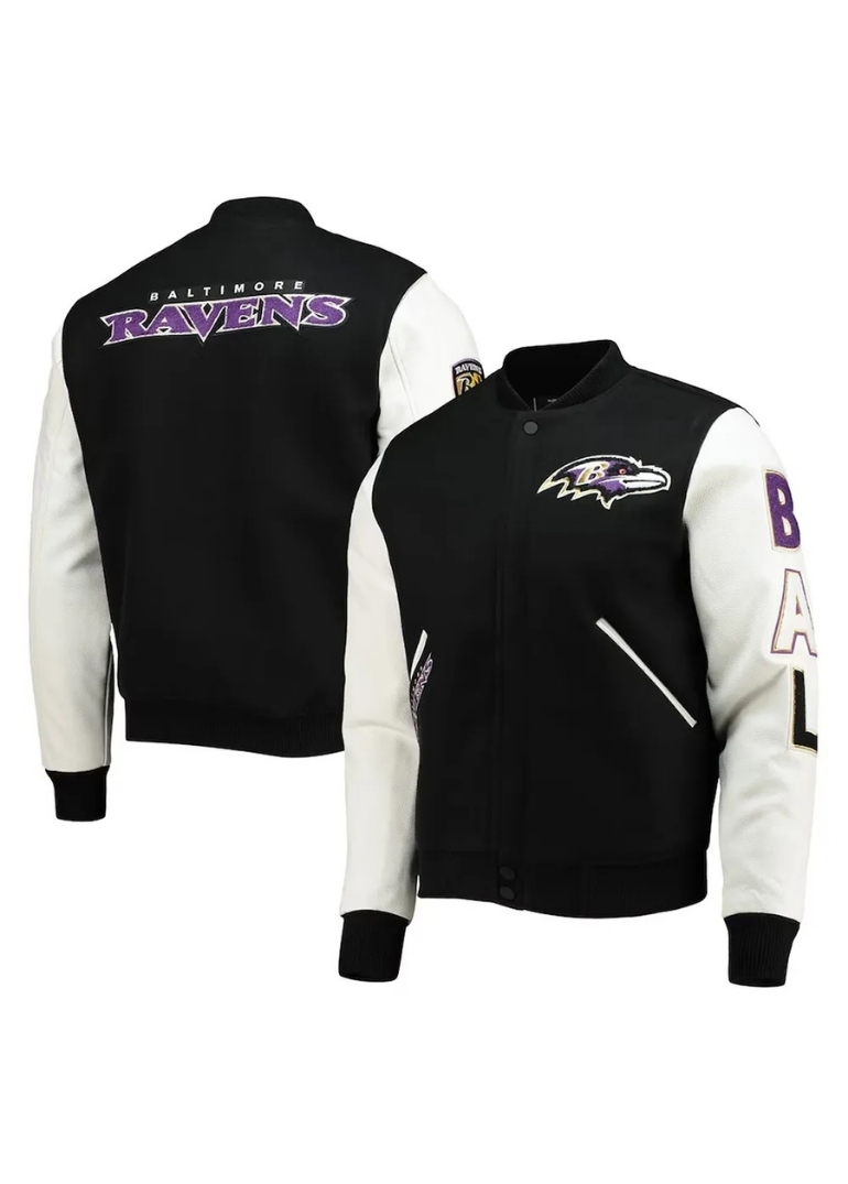 Baltimore Ravens Logo Black and White Varsity Jacket 3 Black and White Baltimore Ravens Logo Full-Zip Wool Leather Bomber Jacket