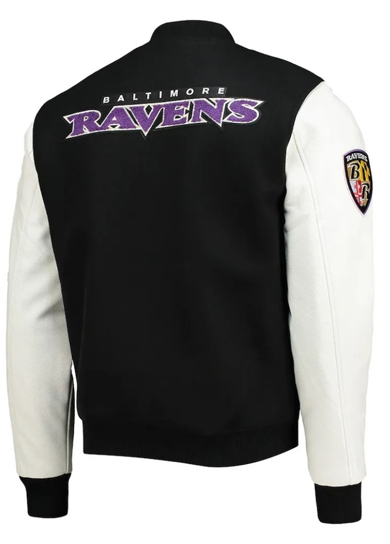 Baltimore Ravens Logo Black and White Varsity Jacket 2 Black and White Baltimore Ravens Logo Full-Zip Wool Leather Jacket