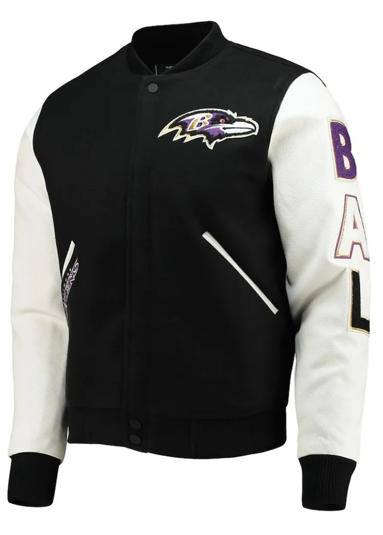 Baltimore Ravens Logo Black and White Varsity Jacket 1 Black and White Baltimore Ravens Logo Full-Zip Wool Leather Varsity Jacket