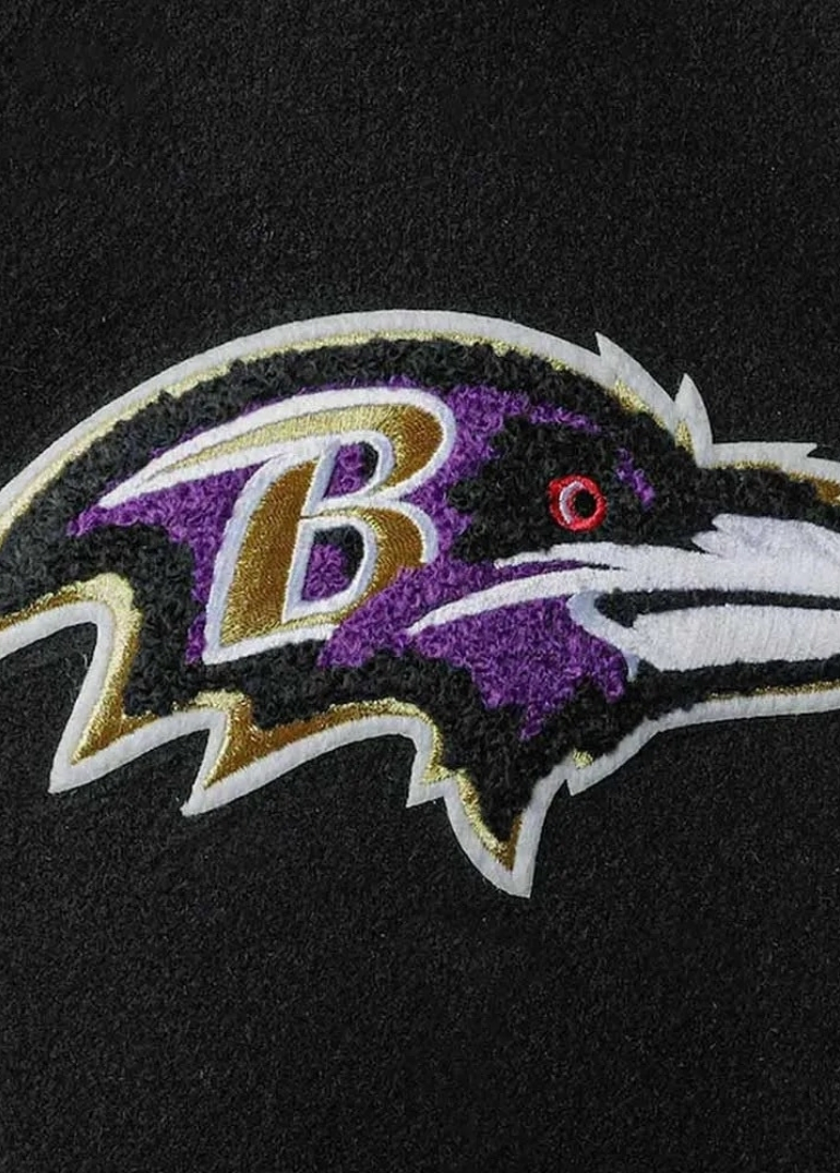 Baltimore Ravens Logo Black and White Varsity Jacket 4 Black and White Baltimore Ravens Logo Full-Zip Wool Varsity Jacket