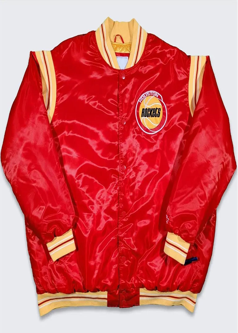 Houston Rockets Teddy Red Varsity Satin Jacket 1 Houston Rockets Teddy Red Varsity Satin Jacket