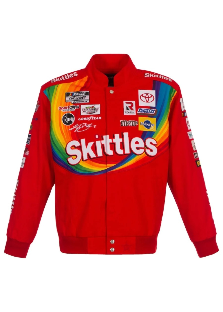 Kyle Busch Skittles Full-Snap Twill Jacket – Red 1 Kyle Busch Skittles Full-Snap Twill Jacket – Red