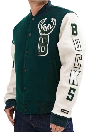 Letterman Milwaukee Bucks Green and White Jacket