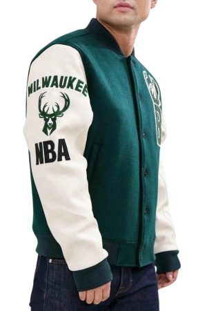 Letterman Milwaukee Bucks Green and White Jacket