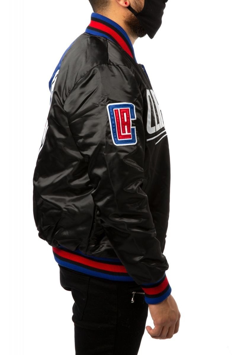Los Angeles Clippers Black Blue Satin Bomber Jacket 3 Los Angeles Clippers Black Blue Satin Bomber Jacket