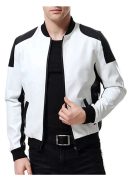Men’s Black and White Leather Biker Bomber Jacket