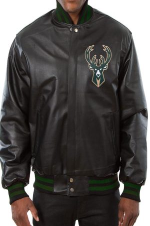 Milwaukee Bucks Black Leather Varsity Jacket