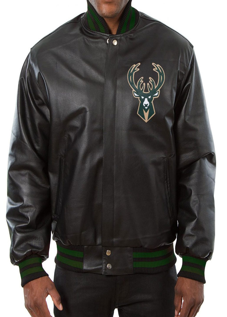 Milwaukee Bucks Black Leather Varsity Jacket 1 Milwaukee Bucks Black Leather Varsity Jacket