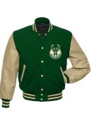 Milwaukee Bucks Letterman Beige and Green Jacket