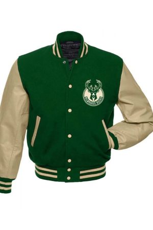 Milwaukee Bucks Letterman Beige and Green Jacket