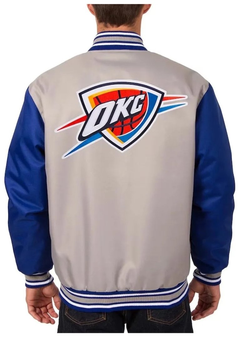 Oklahoma City Thunder Gray Royal Varsity Poly Twill Jacket 2 Oklahoma City Thunder Gray Royal Varsity Poly Jacket