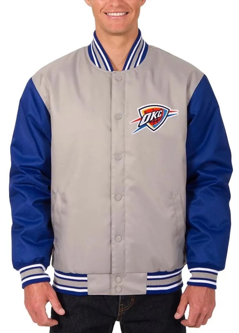 Oklahoma City Thunder Gray Royal Varsity Poly Twill Jacket 1 Oklahoma City Thunder Gray Royal Varsity Poly Twill Jacket