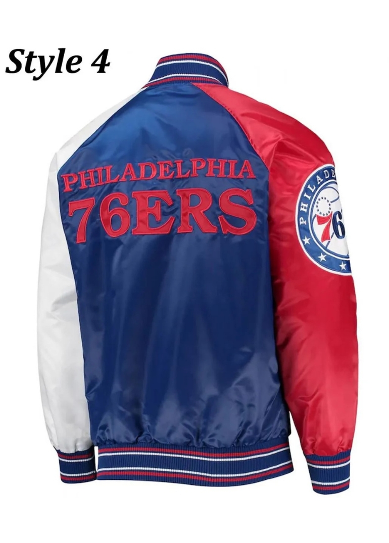 Philadelphia 76ers Red and Royal Varsity Satin Jacket 8 Philadelphia 76ers Satin Varsity Jacket - Red and Royal