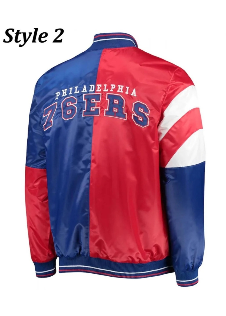 Philadelphia 76ers Red and Royal Varsity Satin Jacket 4 Philadelphia 76ers Varsity Satin Jacket in Red and Royal