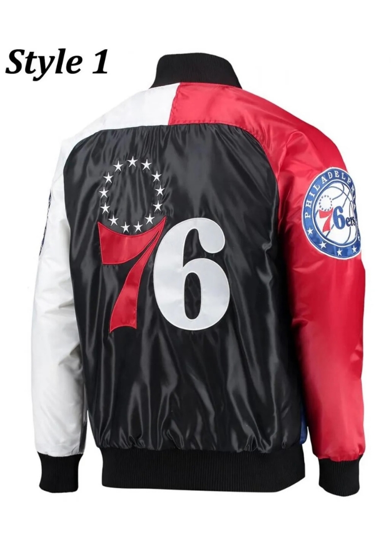 Philadelphia 76ers Red and Royal Varsity Satin Jacket 2 Red and Royal Satin Varsity Jacket by Philadelphia 76ers