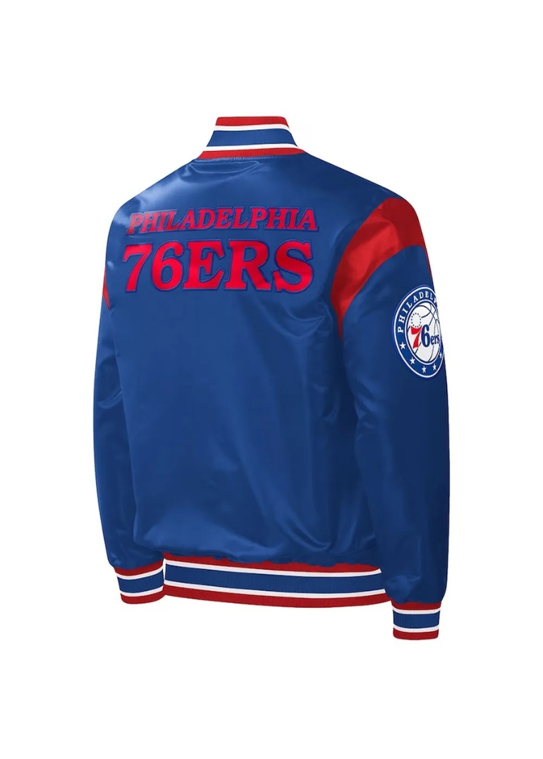 Royal Philadelphia 76ers Force Play Satin Jacket 2 Royal Philadelphia 76ers Force Play Satin Varsity Jacket