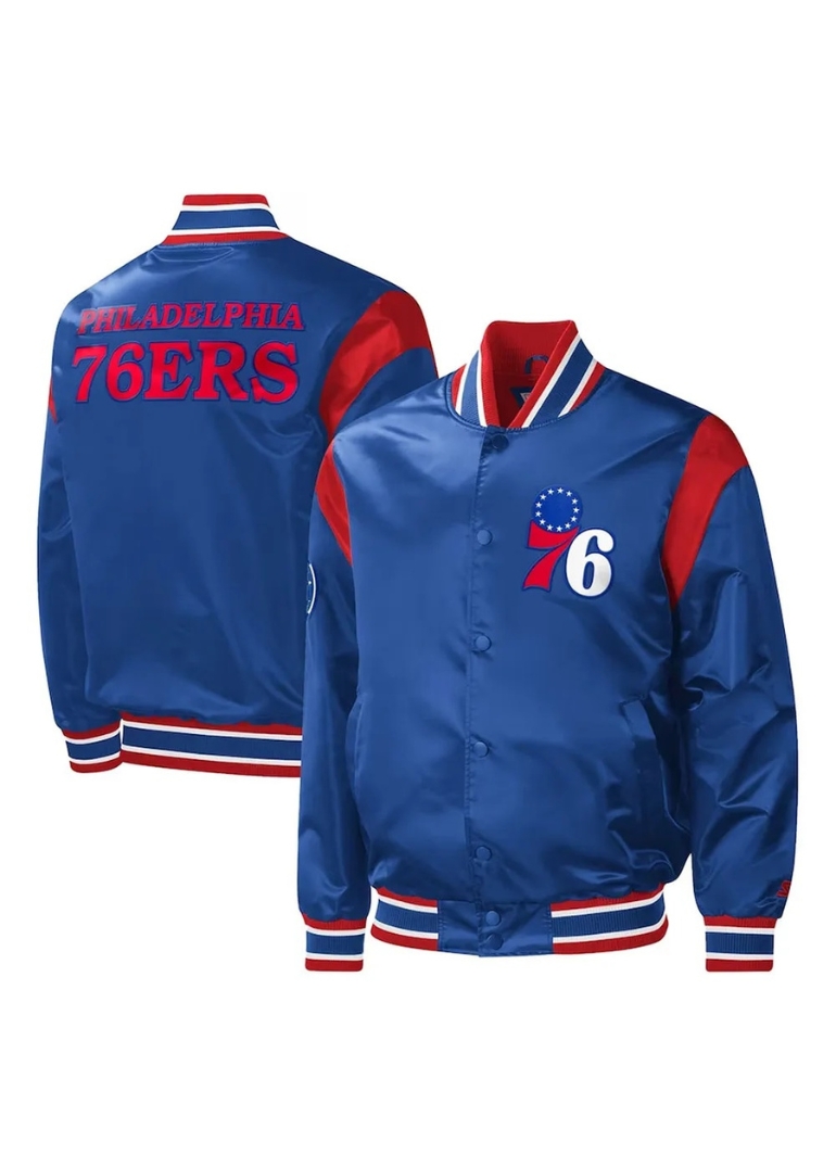 Royal Philadelphia 76ers Force Play Satin Jacket 3 Royal Philadelphia 76ers Force Play Varsity Jacket