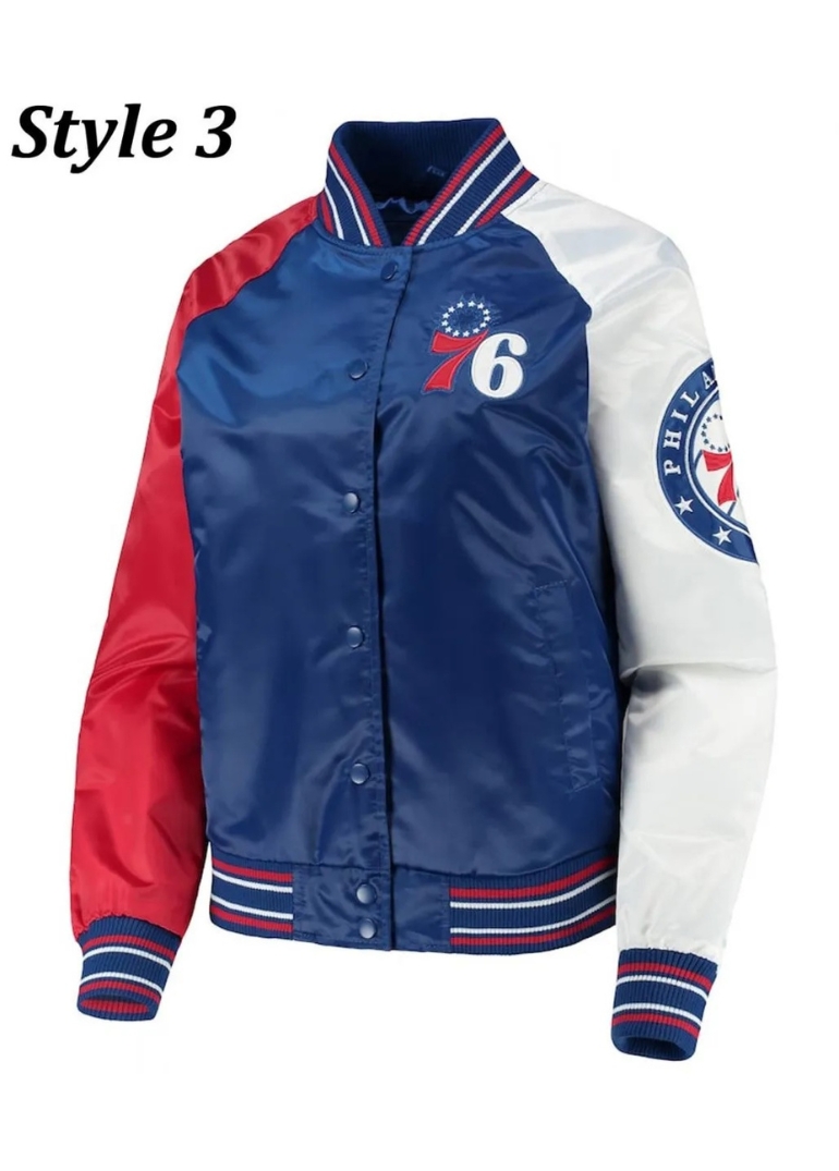 Philadelphia 76ers Red and Royal Varsity Satin Jacket 5 Royal and Red Philadelphia 76ers Varsity Satin Jacket