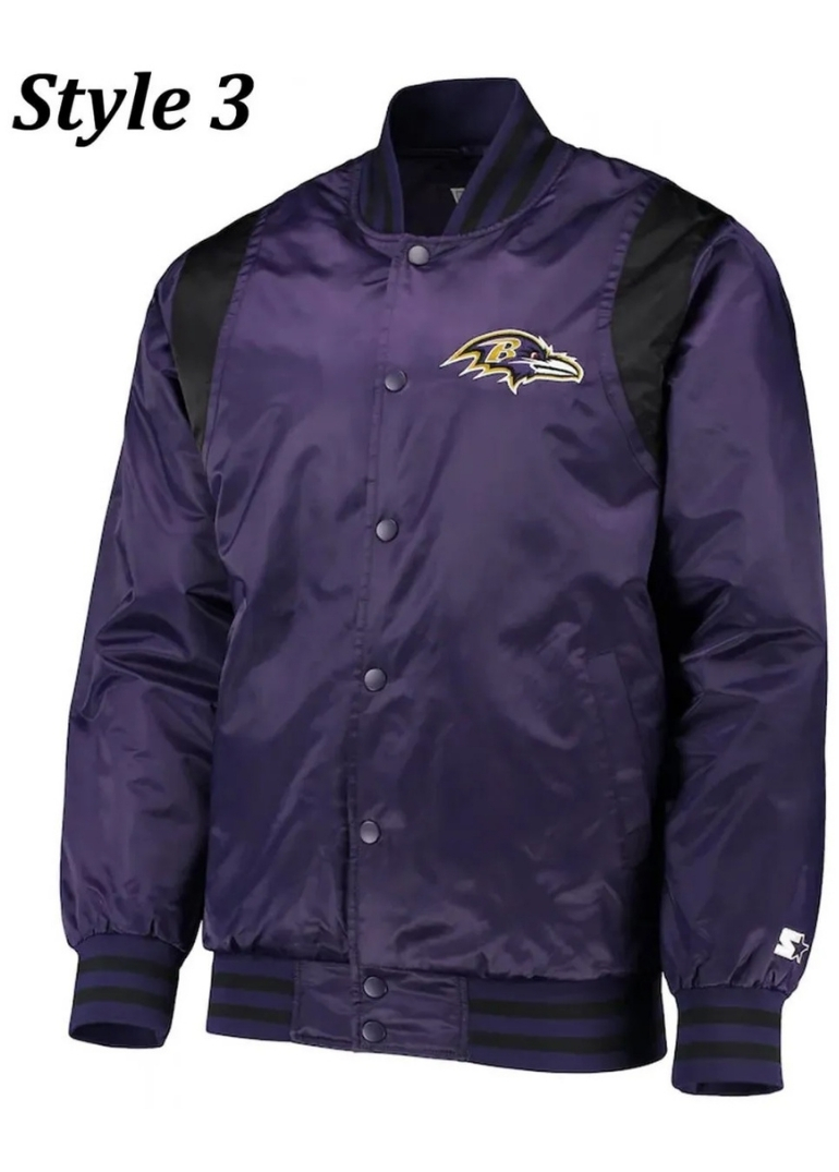 Varsity Baltimore Ravens Full-Snap Satin Jacket 5 Starter Baltimore Ravens Satin Purple and Black Varsity Bomber Jacket