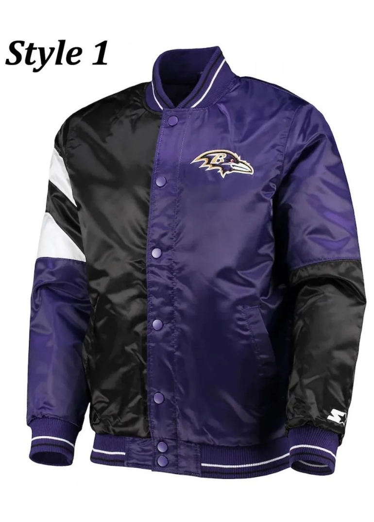 Varsity Baltimore Ravens Full-Snap Satin Jacket 1 Starter Baltimore Ravens Satin Purple and Black Varsity Jacket