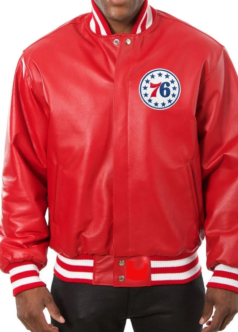 Varsity Philadelphia 76ers Red Leather Jacket 1 Varsity Philadelphia 76ers Red Leather Jacket