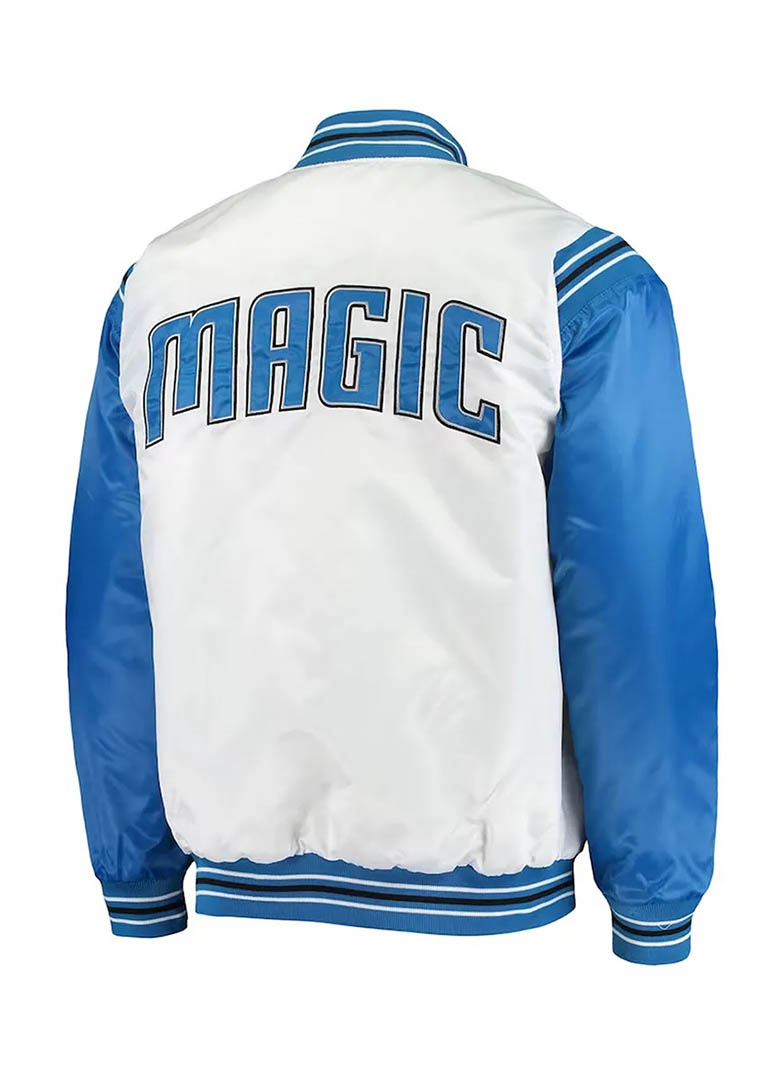 White and Blue Orlando Magic Renegade Varsity Satin Jacket 2 White and Blue Orlando Magic Renegade Varsity Satin Jacket