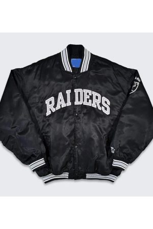 90s-Oakland-Raiders-Black-Satin-Bomber-Jacket