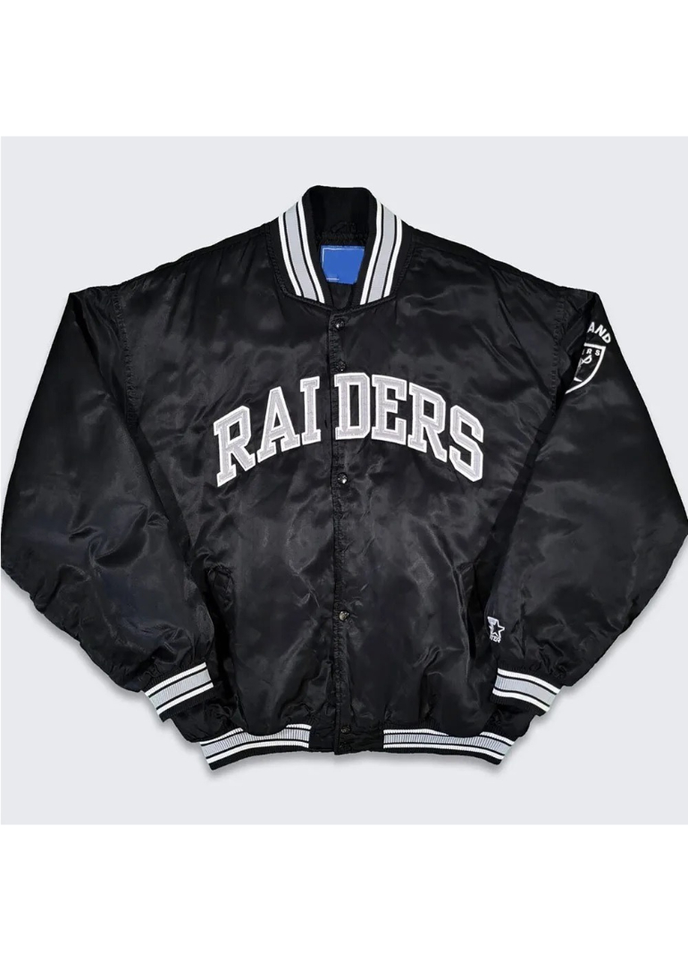 90’s Oakland Raiders Black Satin Bomber Jacket 1 90s-Oakland-Raiders-Black-Satin-Bomber-Jacket