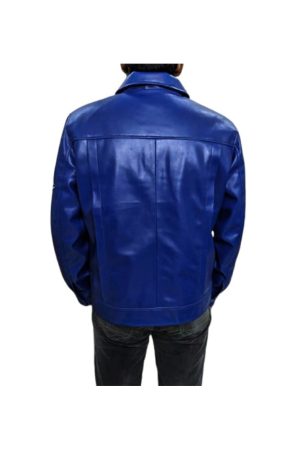 Blue Leather Trucker Jacket For Mens