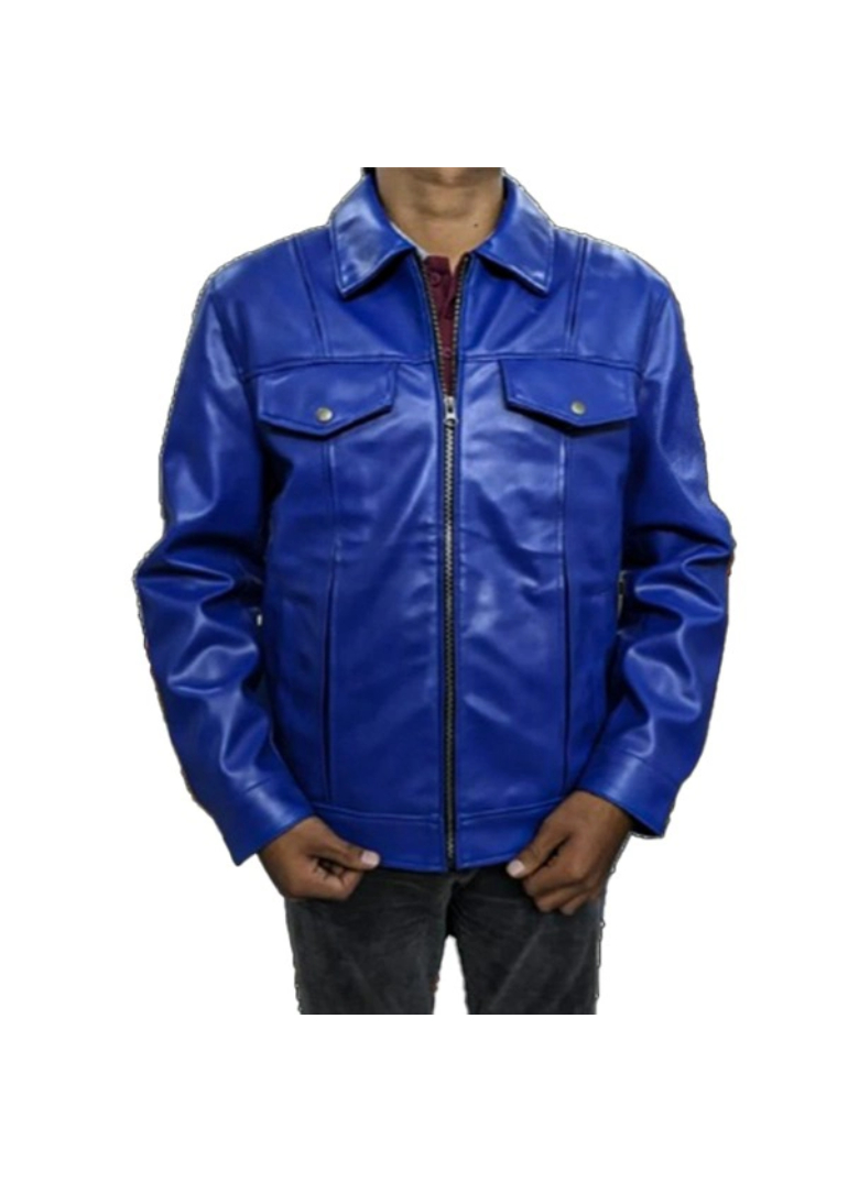 Blue Leather Trucker Jacket For Mens 1 Blue-Trucker-Jacket-Front-Close