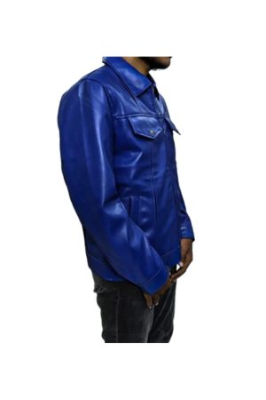 Blue Leather Trucker Jacket For Mens