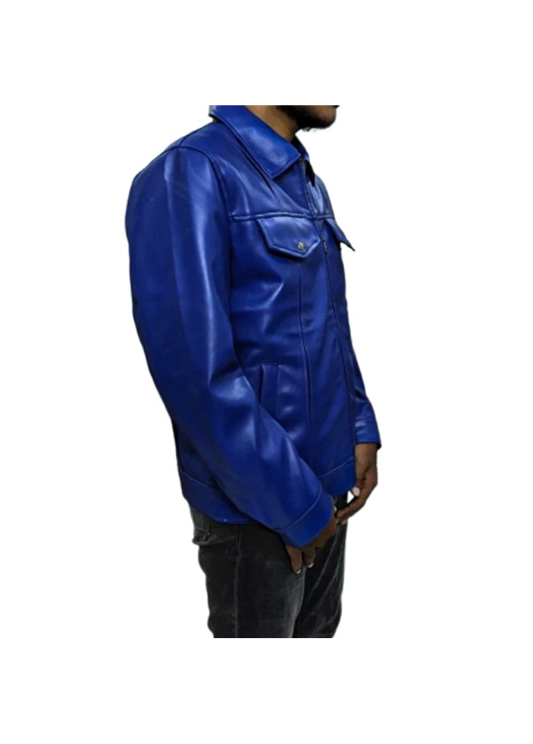 Blue Leather Trucker Jacket For Mens 3 Blue-Trucker-Jacket-Left