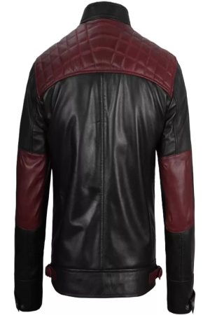 Black and Maroon Quilted Cafe Racer Leather Jacket