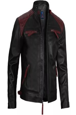 Black and Maroon Quilted Cafe Racer Leather Jacket
