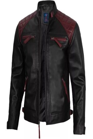 Black and Maroon Quilted Cafe Racer Leather Jacket