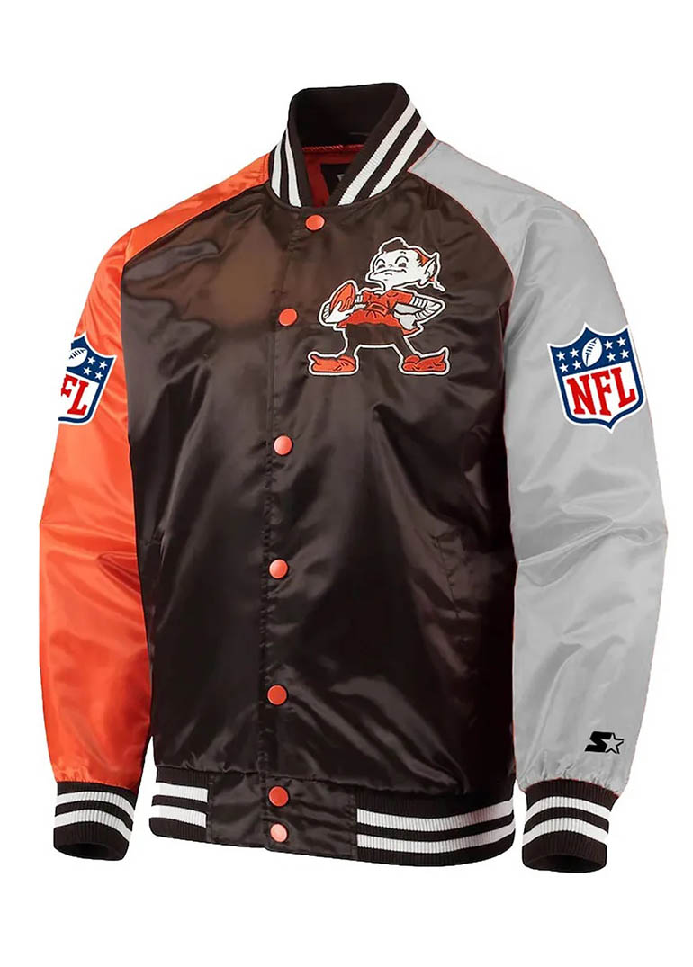 Cleveland Browns Lead Off Varsity Satin Jacket 1 Cleveland Browns Lead Off Varsity Satin Jacket