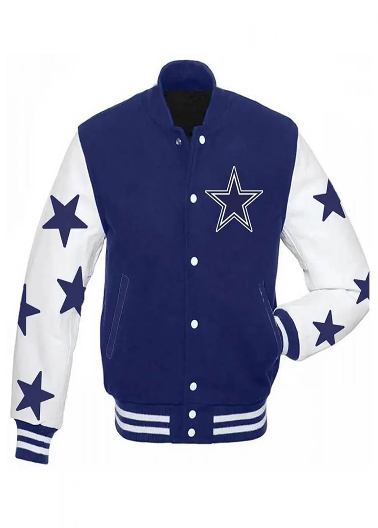 Dallas Cowboys Stars Varsity Royal Blue and White Jacket 1 Dallas Cowboys Stars Varsity Royal Blue and White Jacket