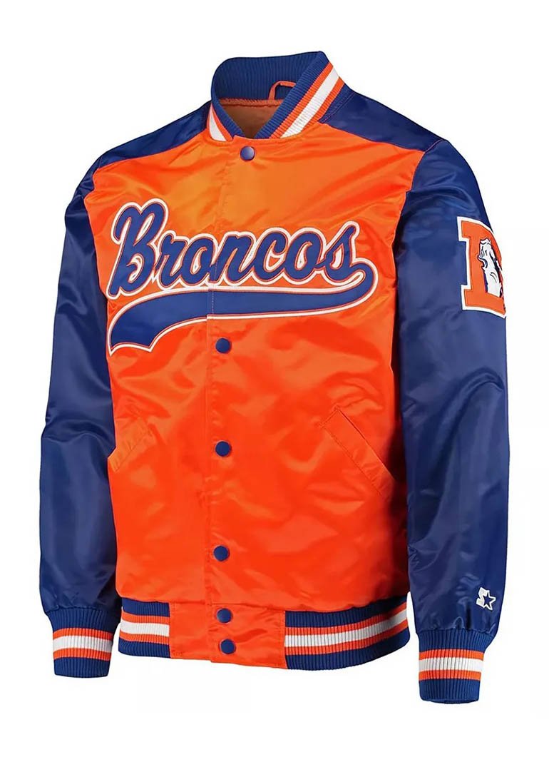 Denver Broncos Blue and Orange Varsity Satin Jacket 1 Denver Broncos Blue and Orange Varsity Satin Jacket