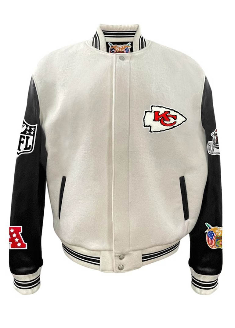 Kansas City Chiefs Jeff Hamilton White Wool & Leather Varsity Jacket 1 Kansas City Chiefs Jeff Hamilton White Wool & Leather Varsity Jacket