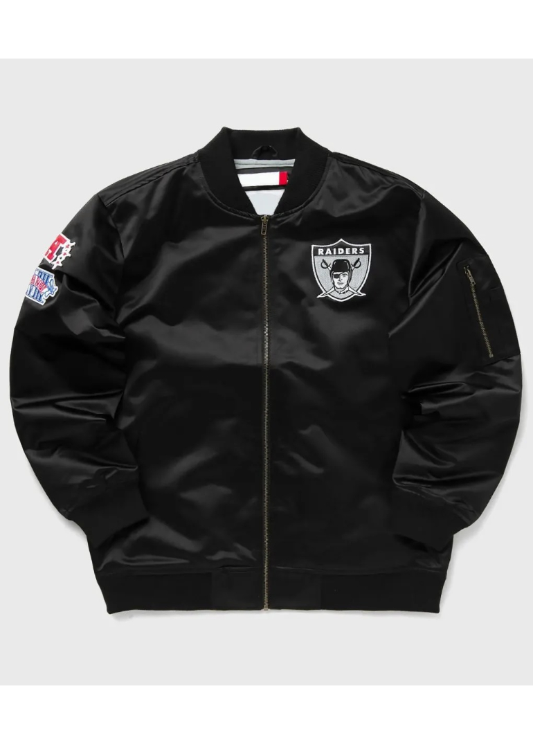 Las Vegas Raiders Bomber Lightweight Satin Jacket 1 Las-Vegas-Raiders-Bomber-Black-Lightweight-Satin-Jacket-2