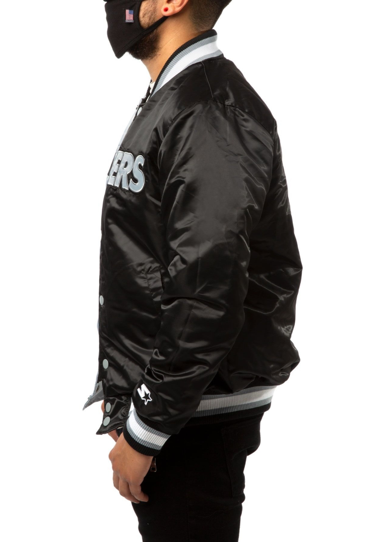 Las Vegas Raiders Black And Grey Satin Jacket 4 Las-Vegas-Raiders-Bomber-Satin-Black-And-Grey-Jacketsss